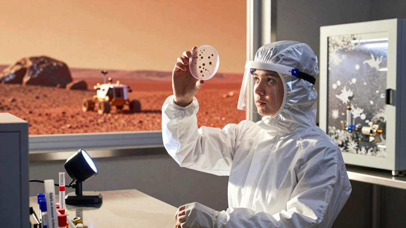 Cientista em laboratório a analisar placa de Petri com planeta Marte visível na janela ao fundo.