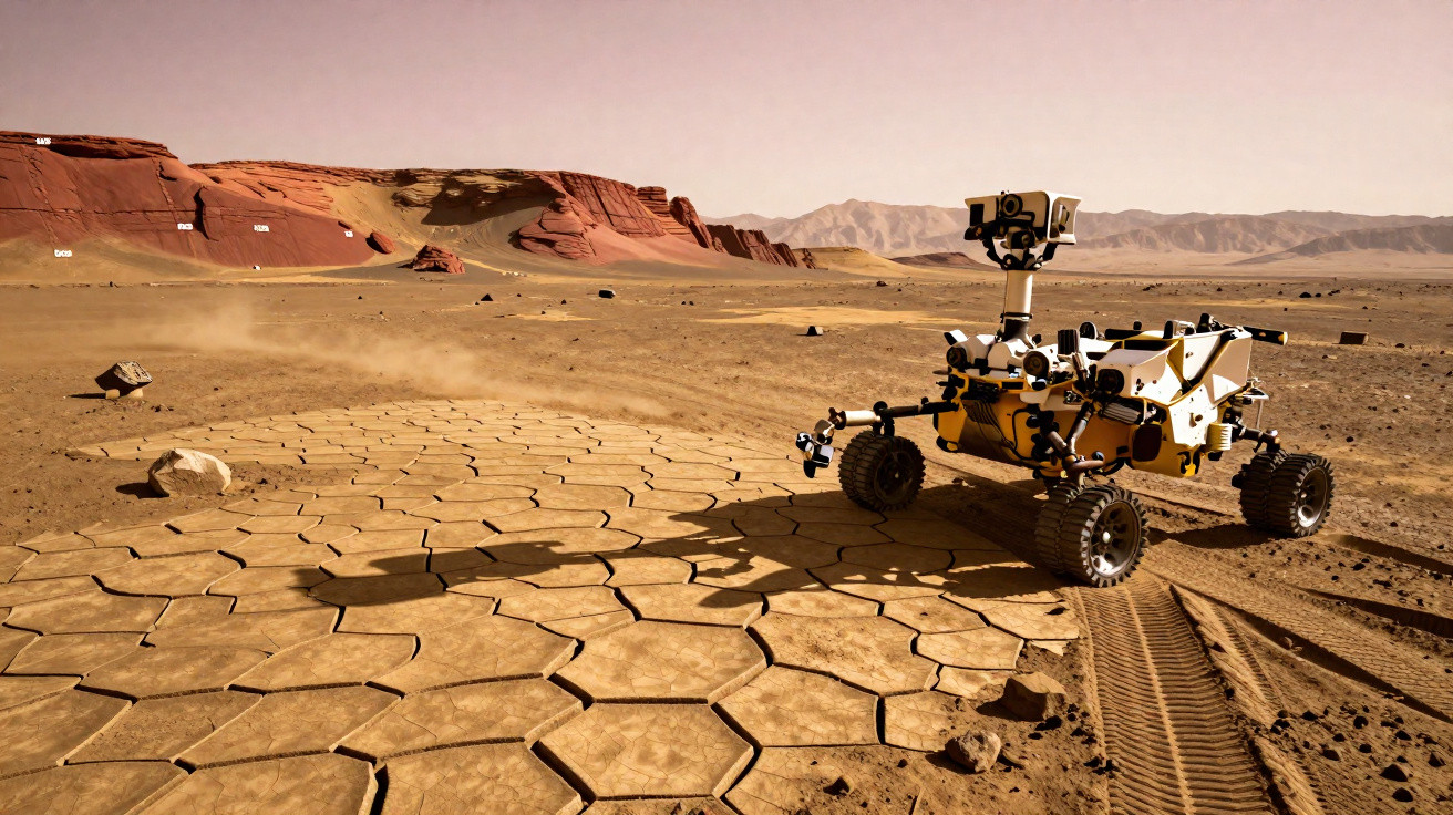 Rover robótico a explorar uma paisagem árida e vermelha com solo rachado e formações rochosas ao fundo.