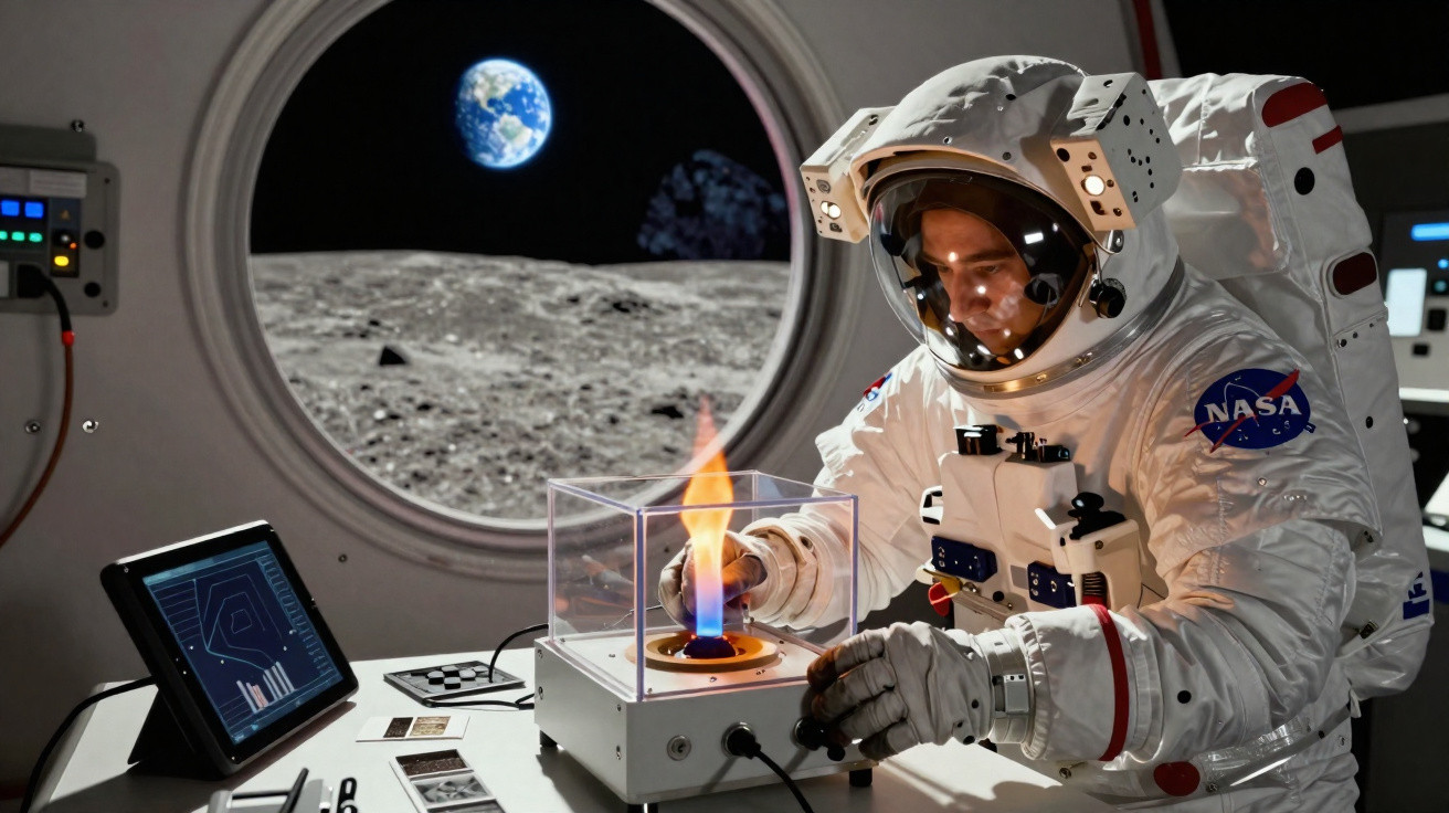 Astronauta em fato espacial a experimentar chama protegida em laboratório com vista da Terra pela janela lunar.