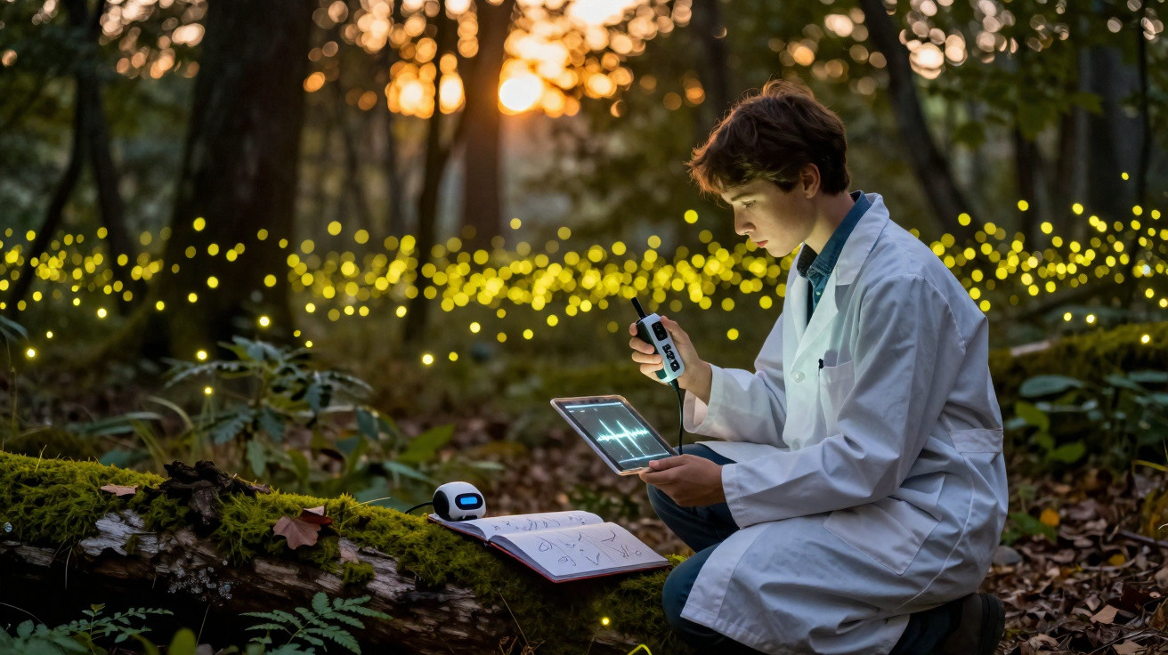 Jovem com bata branca usa tablet e walkie-talkie numa floresta ao pôr do sol rodeado de pequenas luzes amarelas.