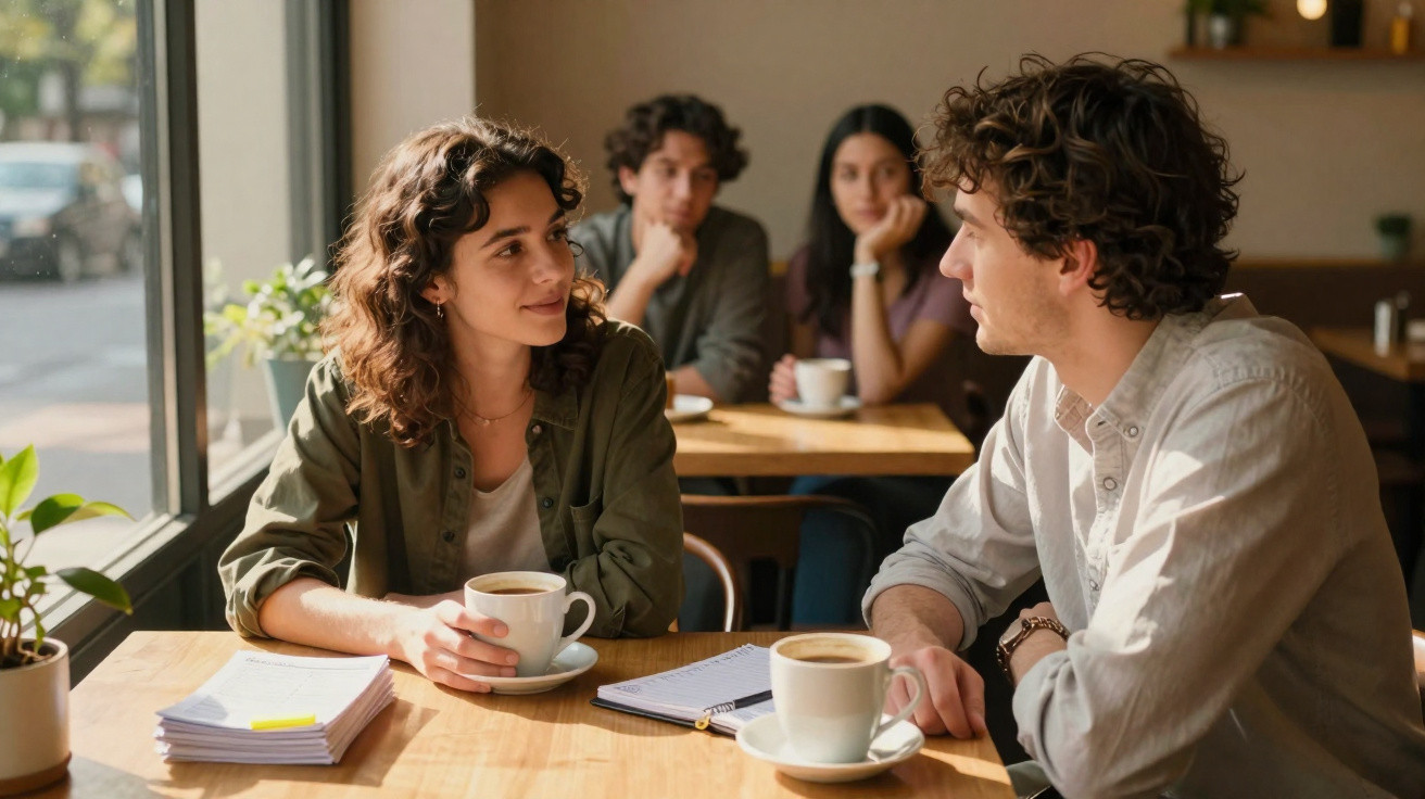 Quatro jovens numa cafetaria, dois à frente conversam com cafés, outros dois ao fundo observam.