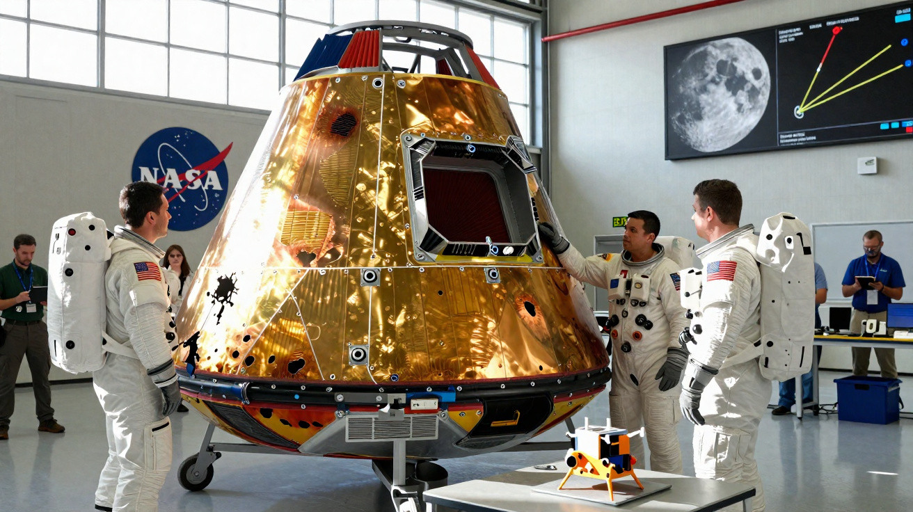 Três astronautas em fato espacial observam um módulo espacial dourado numa sala com logo da NASA.