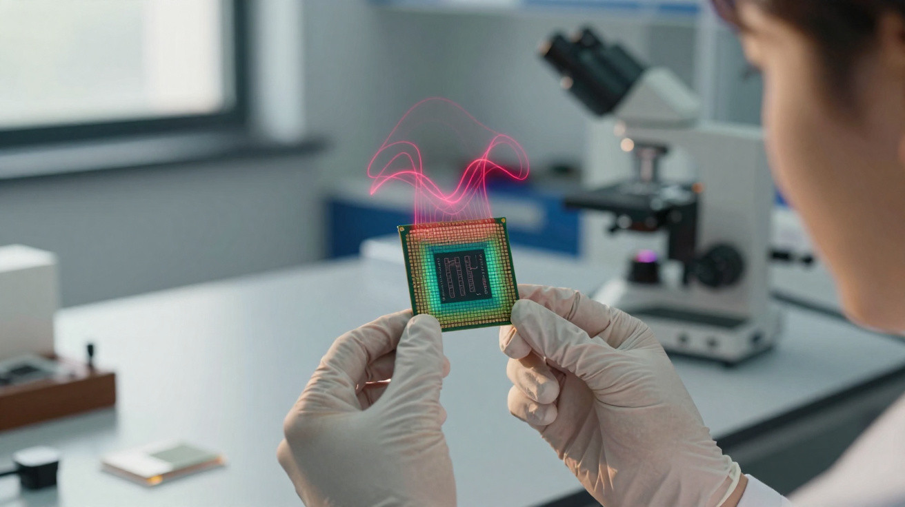 Pessoa a segurar um microchip com luvas brancas num laboratório, com um microscópio ao fundo.