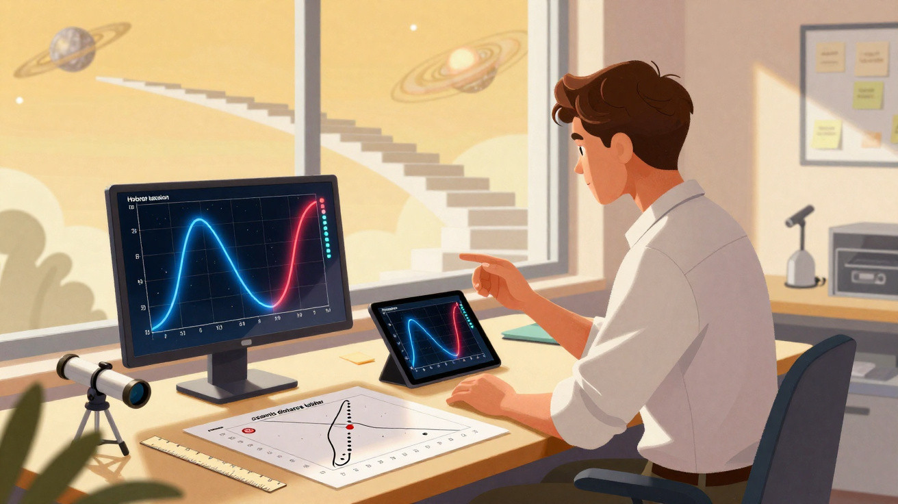 Homem a analisar dados científicos em ecrãs digitais, com telescópio e mapas na secretária.