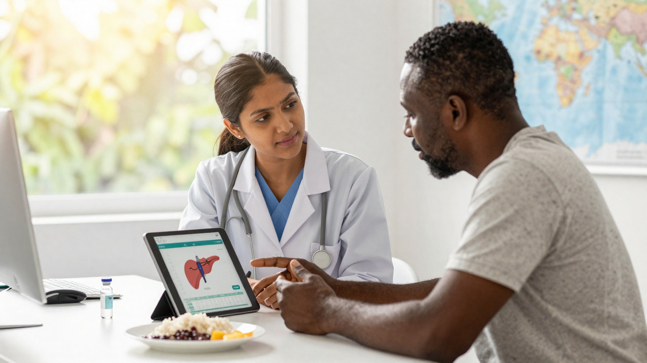 Médica explica imagem do fígado para paciente numa consulta, com prato de comida saudável à frente.