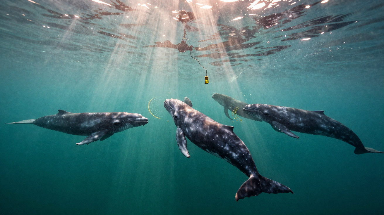 Quatro baleias submersas nadam perto de um dispositivo eletrônico ligado na superfície da água.