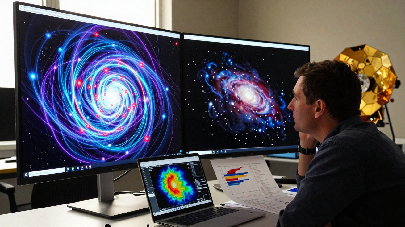 Homem a analisar imagens e gráficos de galáxias em dois monitores e um computador portátil numa mesa.