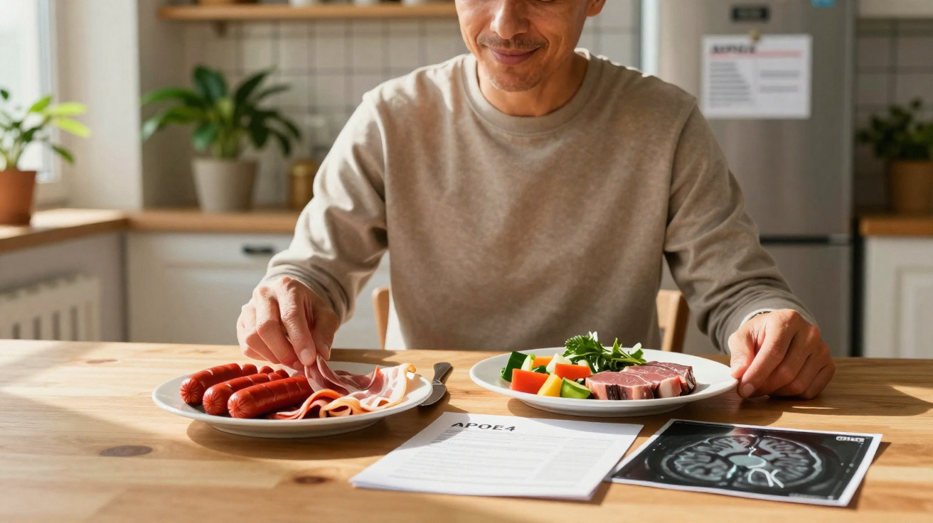 Homem a escolher entre prato com salsichas e fiambre e prato com carne e legumes numa mesa com exames médicos.