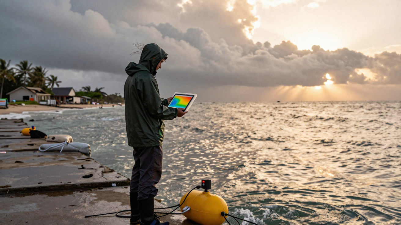 Pessoa com casaco de chuva utiliza tablet numa doca junto ao mar ao nascer do sol.
