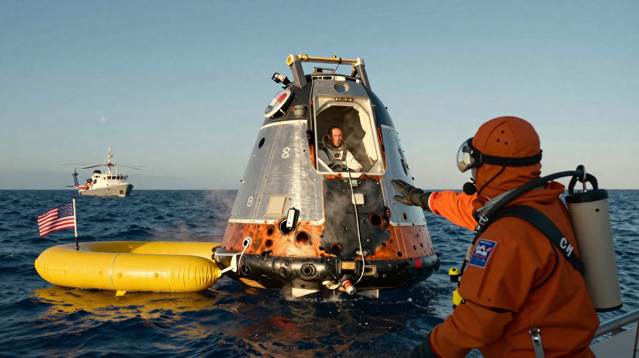 Astronauta dentro de cápsula espacial flutuando no mar, com equipe de resgate em bote próximo.