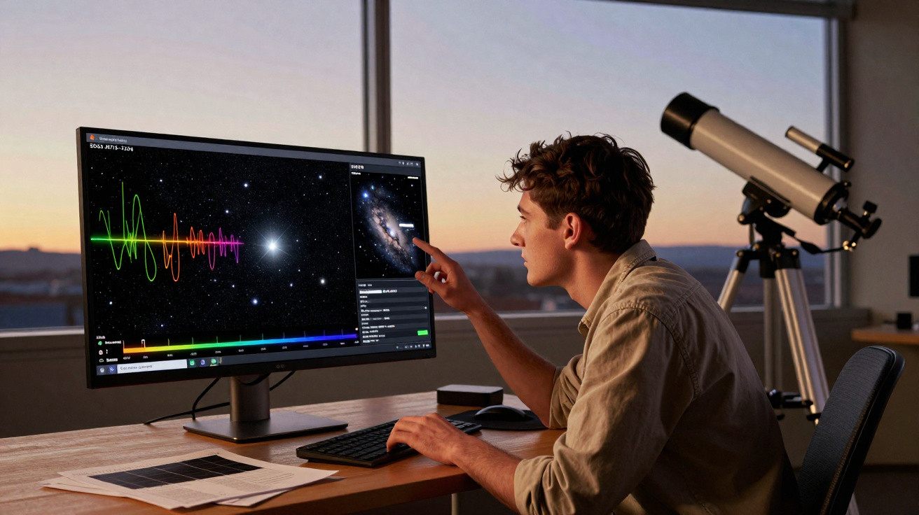 Jovem a analisar dados astronómicos no computador com um telescópio ao fundo numa sala com janela ampla.