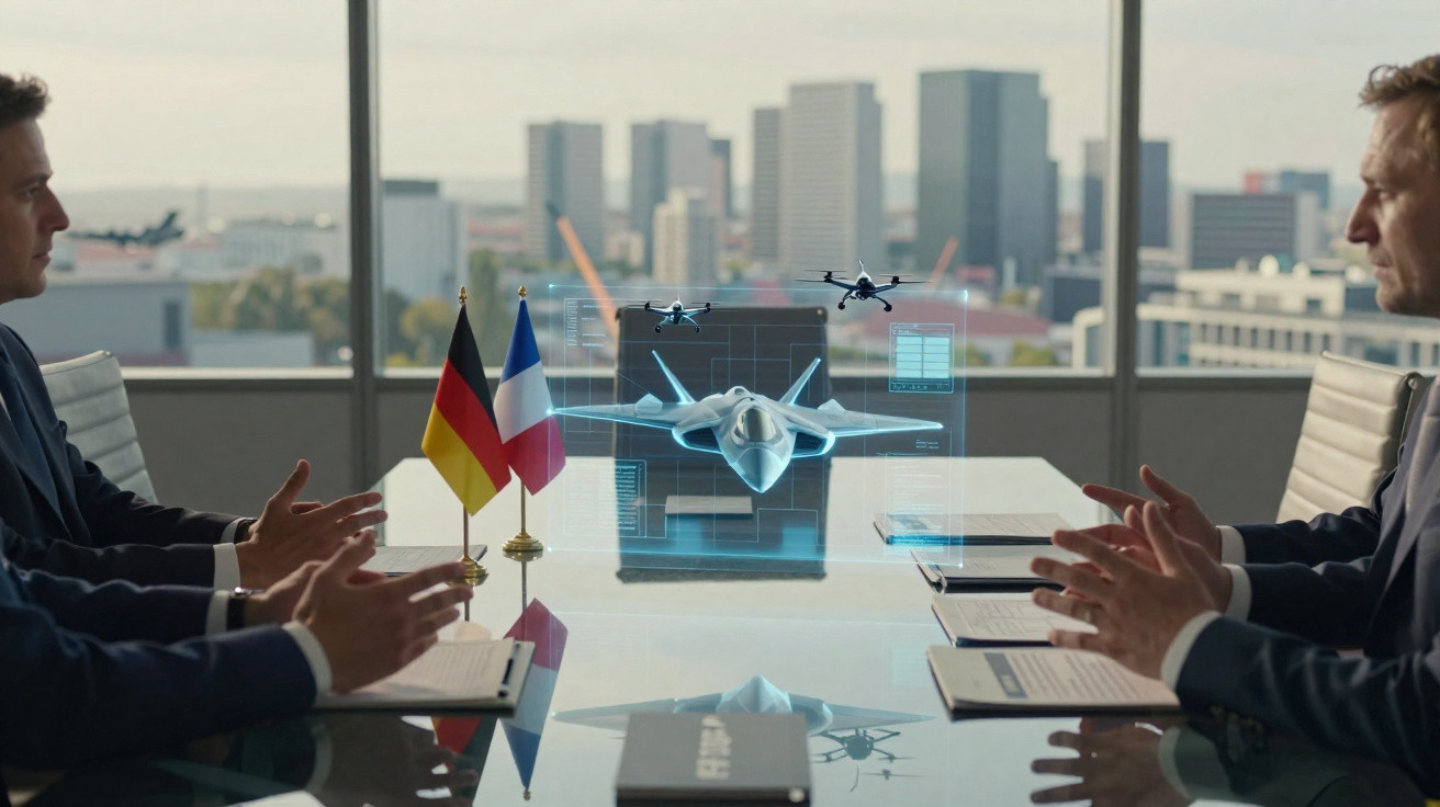 Reunião de negócios com bandeiras da Alemanha e França e projeção holográfica de avião e drones sobre mesa.