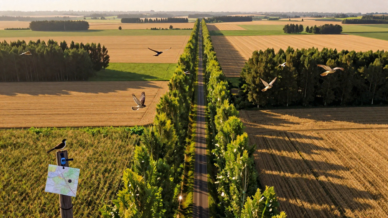 Estrada rural alinhada com árvores e campos agrícolas, com aves a voar ao pôr do sol.