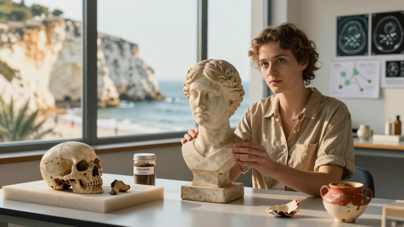 Pessoa jovem a analisar busto clássico em sala com crânio, jarro antigo e vista para mar rochoso ao fundo.