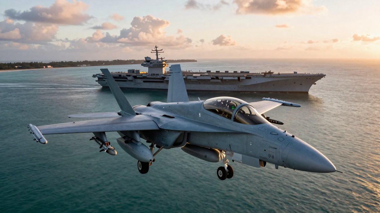 Caça militar a voar sobre o mar com porta-aviões ao fundo ao pôr do sol.