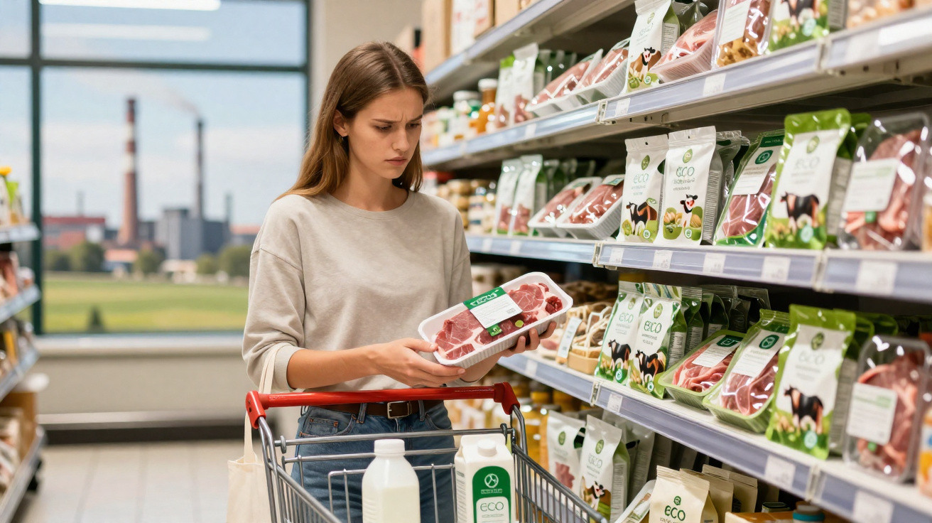 Mulher em supermercado a examinar embalagem de carne com carrinho de compras ao lado.
