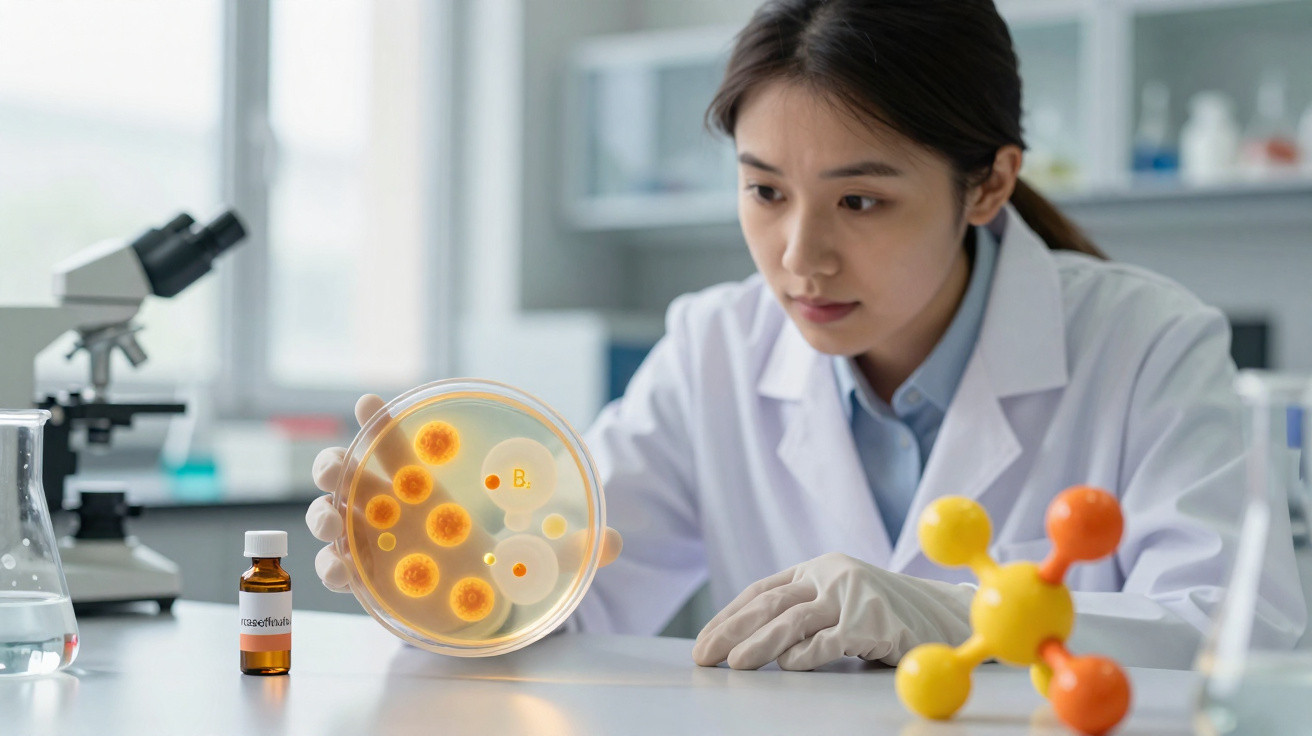 Cientista mulher a observar culturas bacterianas numa placa de Petri num laboratório.