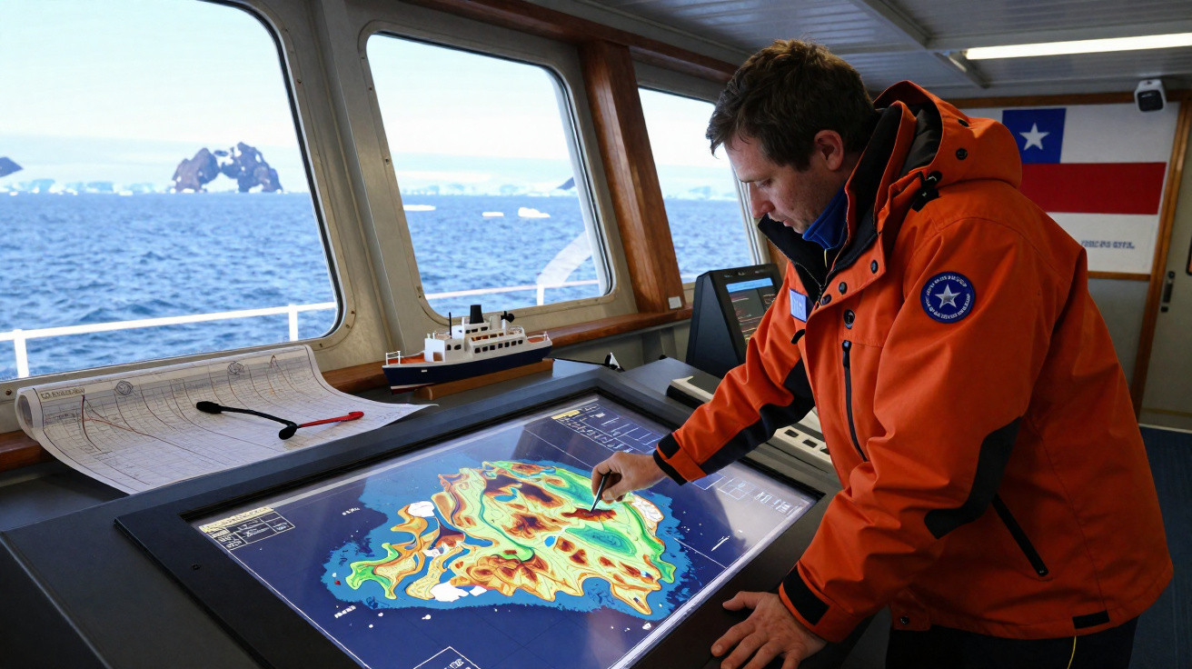 Homem com casaco laranja a analisar mapa topográfico num painel digital dentro de um barco com vista para o mar.