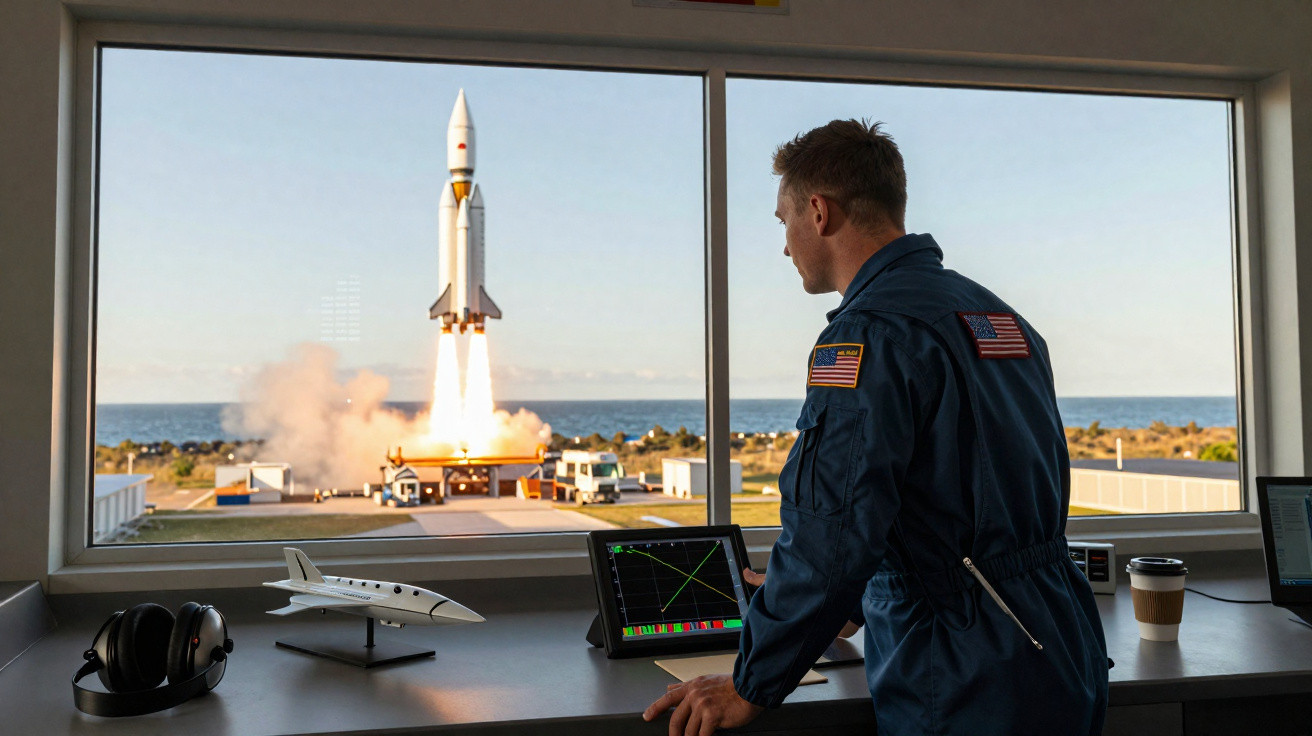 Homem com fato de astronauta observa lançamento de foguetão através de janela numa sala de controlo.
