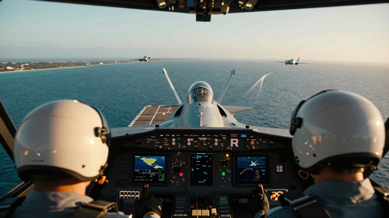 Vista interior da cabine de piloto de helicóptero militar com dois tripulantes e caças sobre o mar ao fundo.