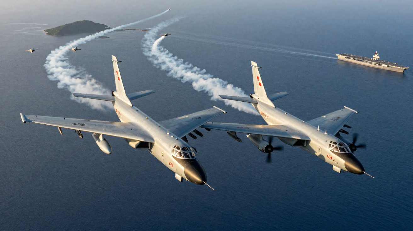 Duas aeronaves militares a jato voam juntas sobre o mar com um porta-aviões e caças em formação ao fundo.