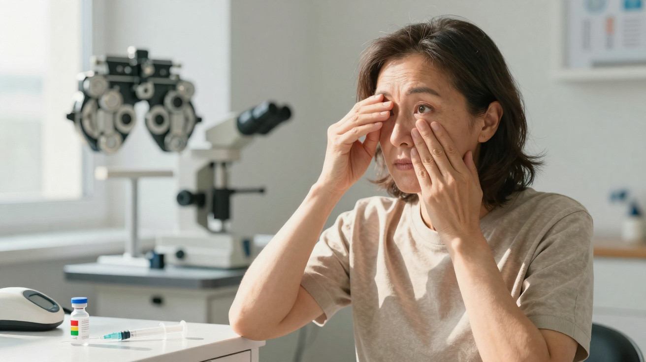 Mulher com expressão preocupada a tocar nos olhos numa clínica oftalmológica.