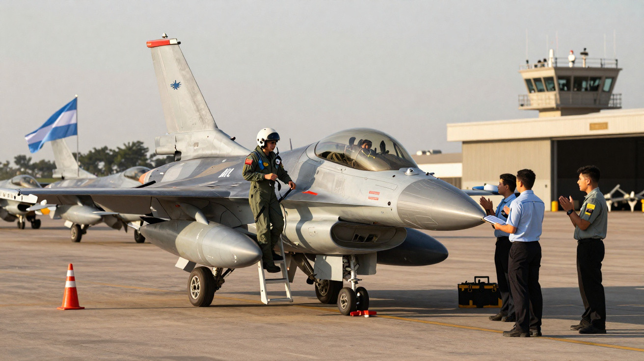 Piloto em fato verde desce de jato militar estacionado no aeroporto enquanto três homens aplaudem no chão.