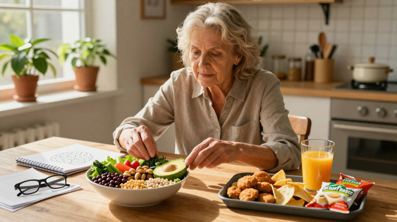 Mulher idosa a preparar uma salada saudável com legumes e abacate numa cozinha luminosa.