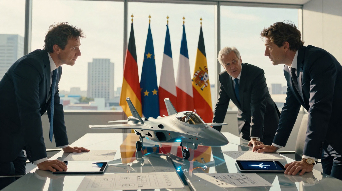 Três homens de negócios em reunião discutem maquete de avião militar numa sala com bandeiras europeias ao fundo.