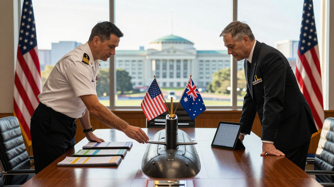 Dois homens numa reunião com modelo de submarino e bandeiras dos EUA e Austrália numa sala de conferências.