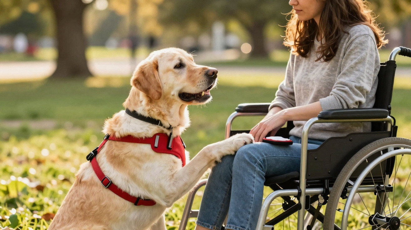 Cão com peitoral vermelho apoia a pata na perna de mulher em cadeira de rodas num parque ensolarado.