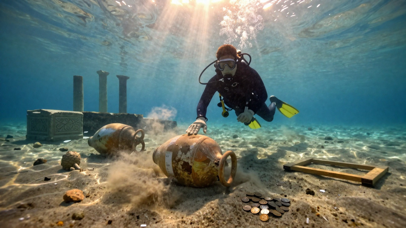 Mergulhador explora antiguidades subaquáticas e moedas no fundo do mar iluminado pela luz solar.