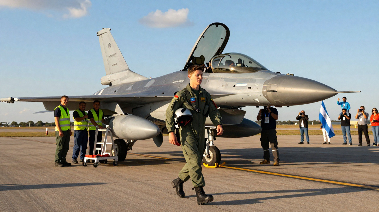 Piloto de caça caminha na pista com capacete, junto a um avião militar estacionado com a cabine aberta.
