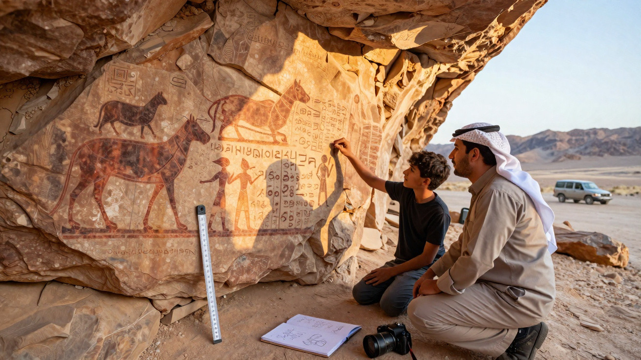 Dois homens estudam gravuras rupestres antigas numa formação rochosa no deserto.