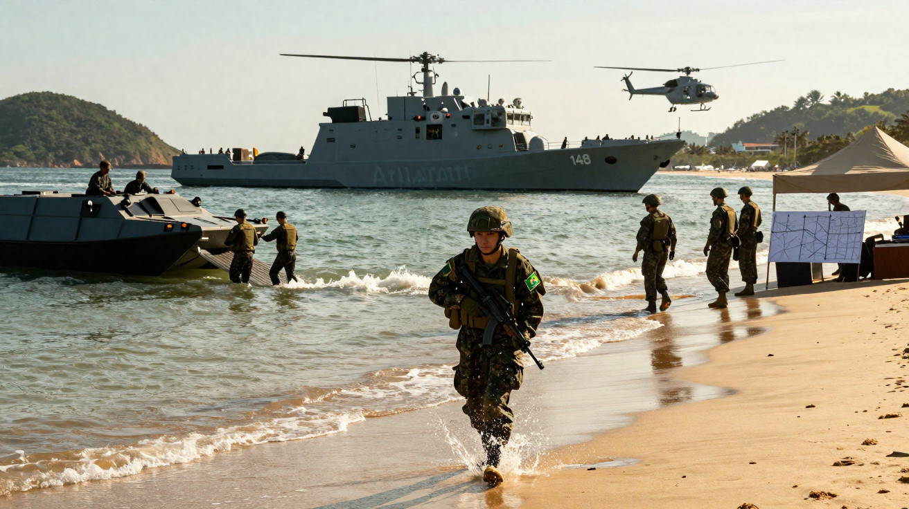 Soldados em exercício militar junto à praia com navio de guerra e helicóptero ao fundo.
