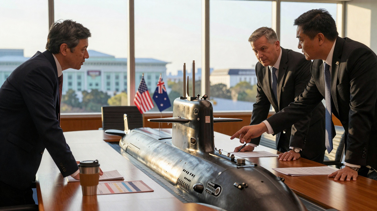 Três homens de negócios junto a uma mesa com modelo de submarino e bandeiras dos EUA e Austrália ao fundo.