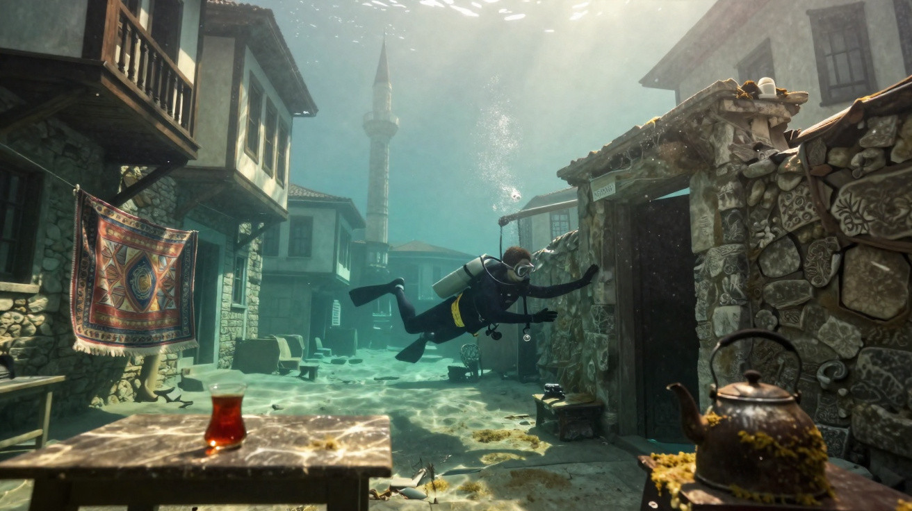 Mergulhador explora aldeia submersa com edifícios antigos e objetos cotidianos cobertos por água.