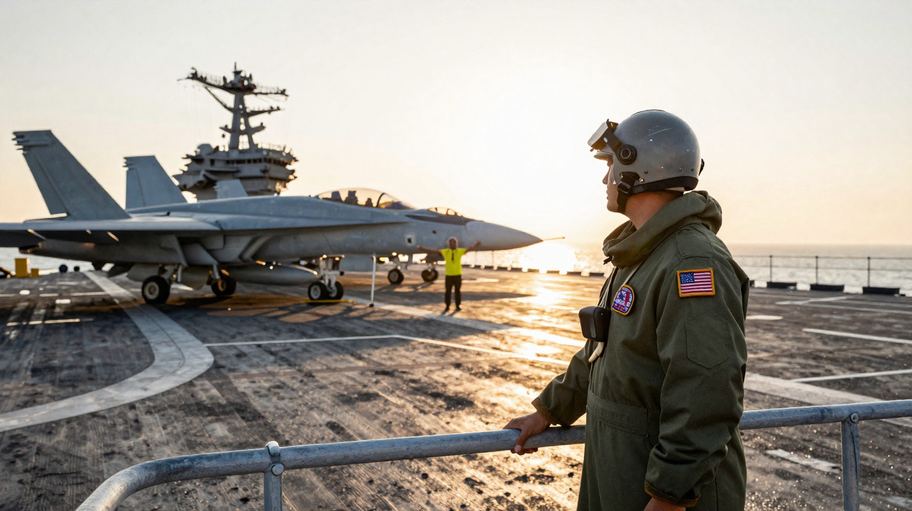 Homem em fato militar com capacete observa caça F-18 num porta-aviões ao nascer do sol.