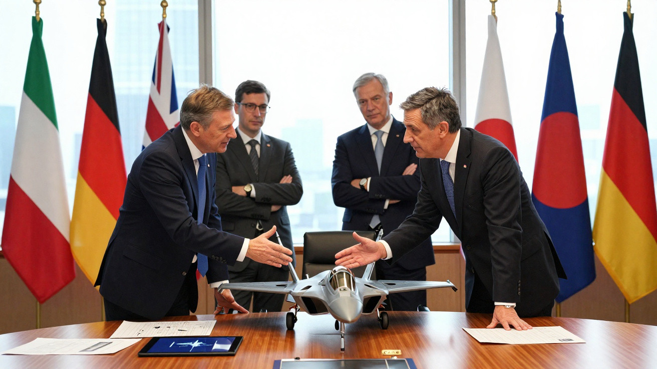 Dois homens apertam as mãos junto a modelo de avião numa mesa com bandeiras de vários países ao fundo.