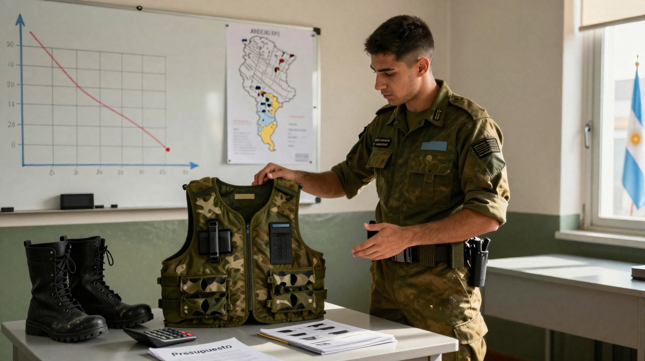 Soldado uniformizado numa sala a inspeccionar um colete táctico militar sobre uma mesa com botas, documentos e calculadora.