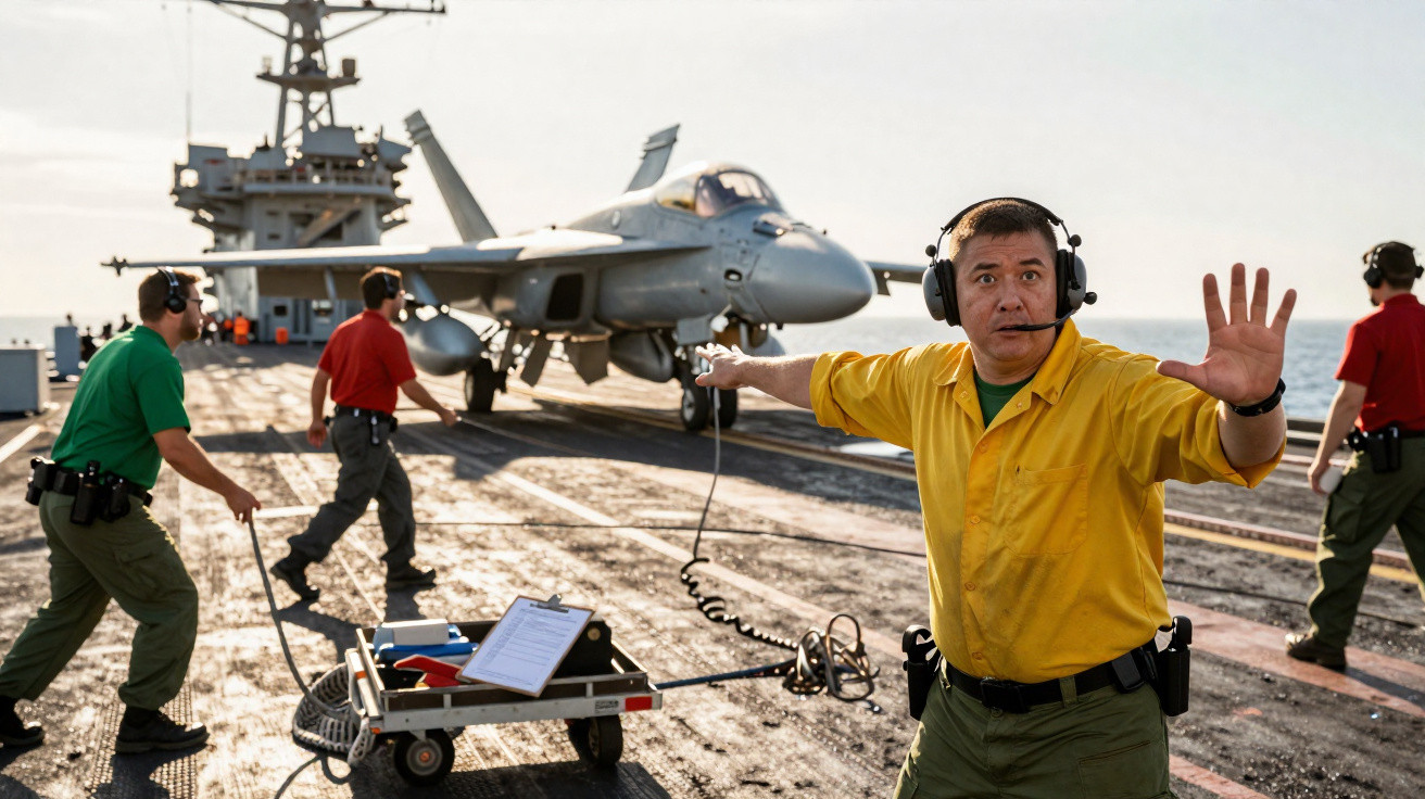 Homem com camisa amarela orienta lançamento de avião militar num porta-aviões com tripulação ao fundo.