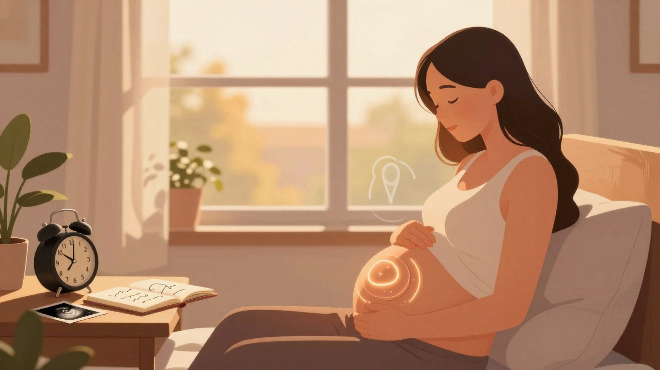 Mulher grávida sentada na cama a tocar a barriga com luz suave e decoração acolhedora junto à janela.