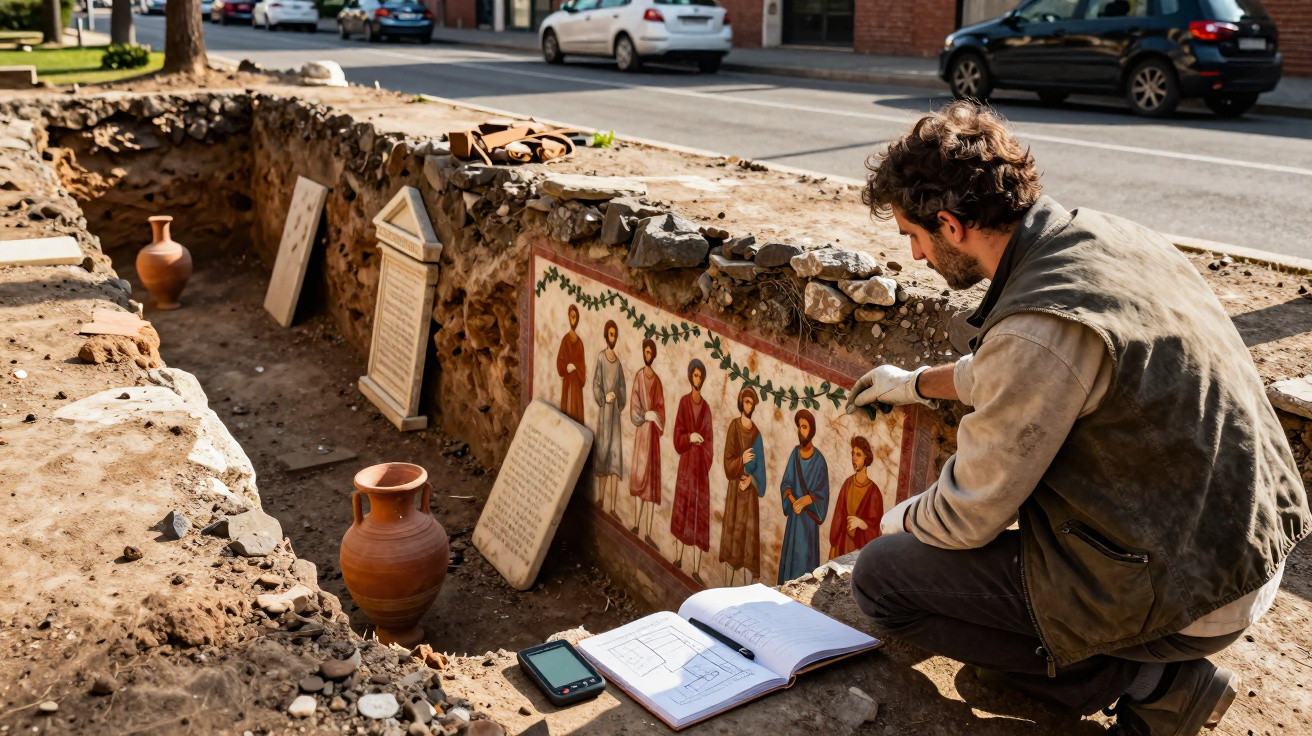 Arqueólogo examina mural antigo de figuras humanas num sítio arqueológico junto a uma estrada urbana.