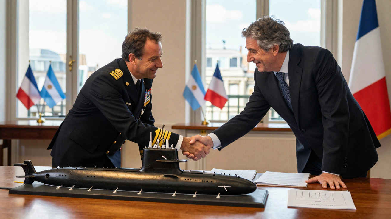 Dois homens apertam as mãos sobre a mesa com modelo de submarino, bandeiras da Argentina e França ao fundo.