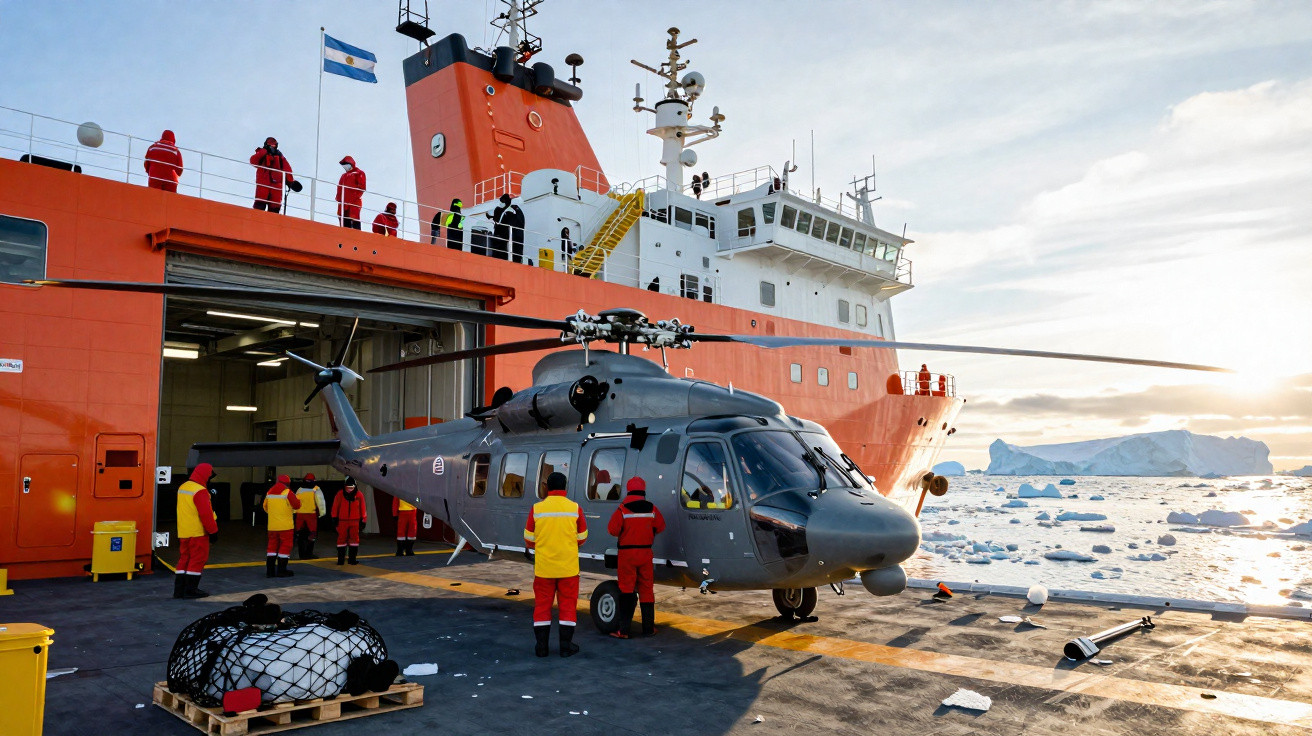 Helicóptero cinza estacionado no convés de um navio de pesquisa laranja, com tripulantes vestidos de vermelho e amarelo, iceb