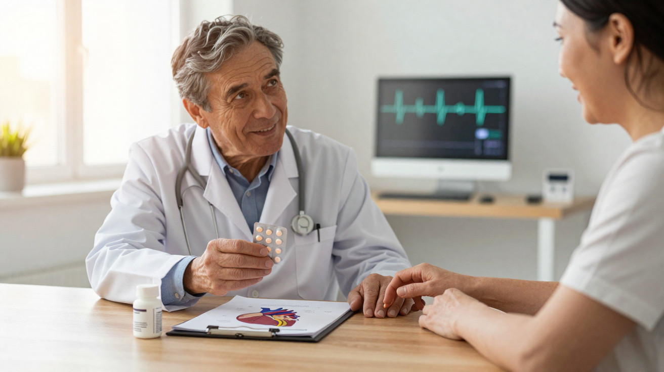 Médico consulta paciente, explica medicação, com diagrama de coração e monitor cardíaco ao fundo.