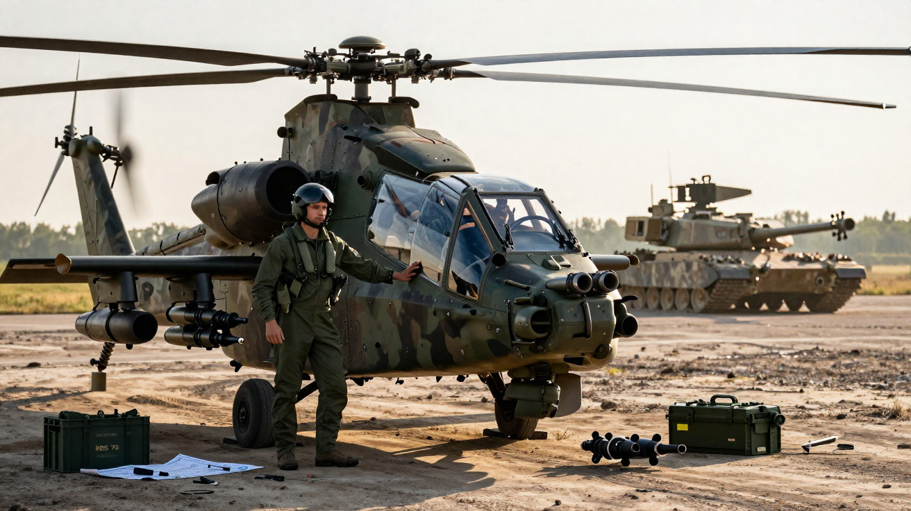 Soldado junto a helicóptero militar Apache e tanque camuflado em base ao ar livre ao pôr do sol.