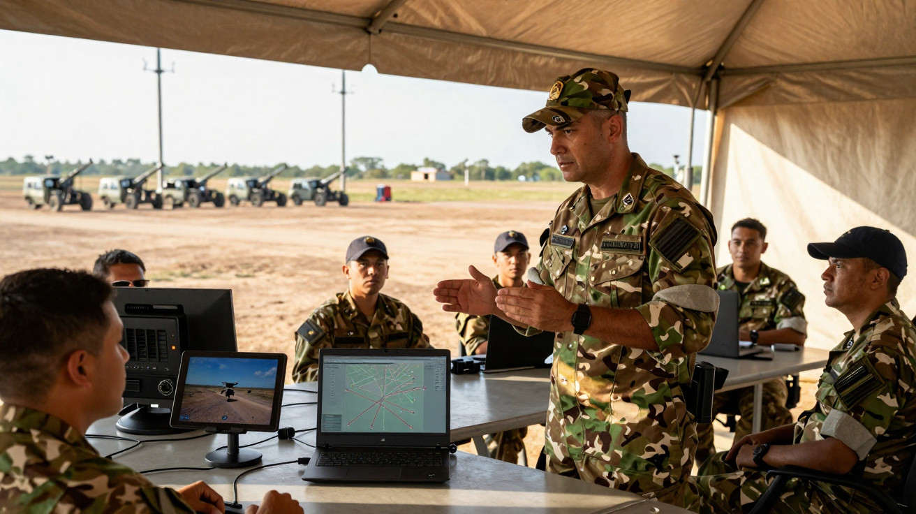 Militares em uniformes camuflados numa tenda, reunidos em volta de computadores portáteis durante briefing.