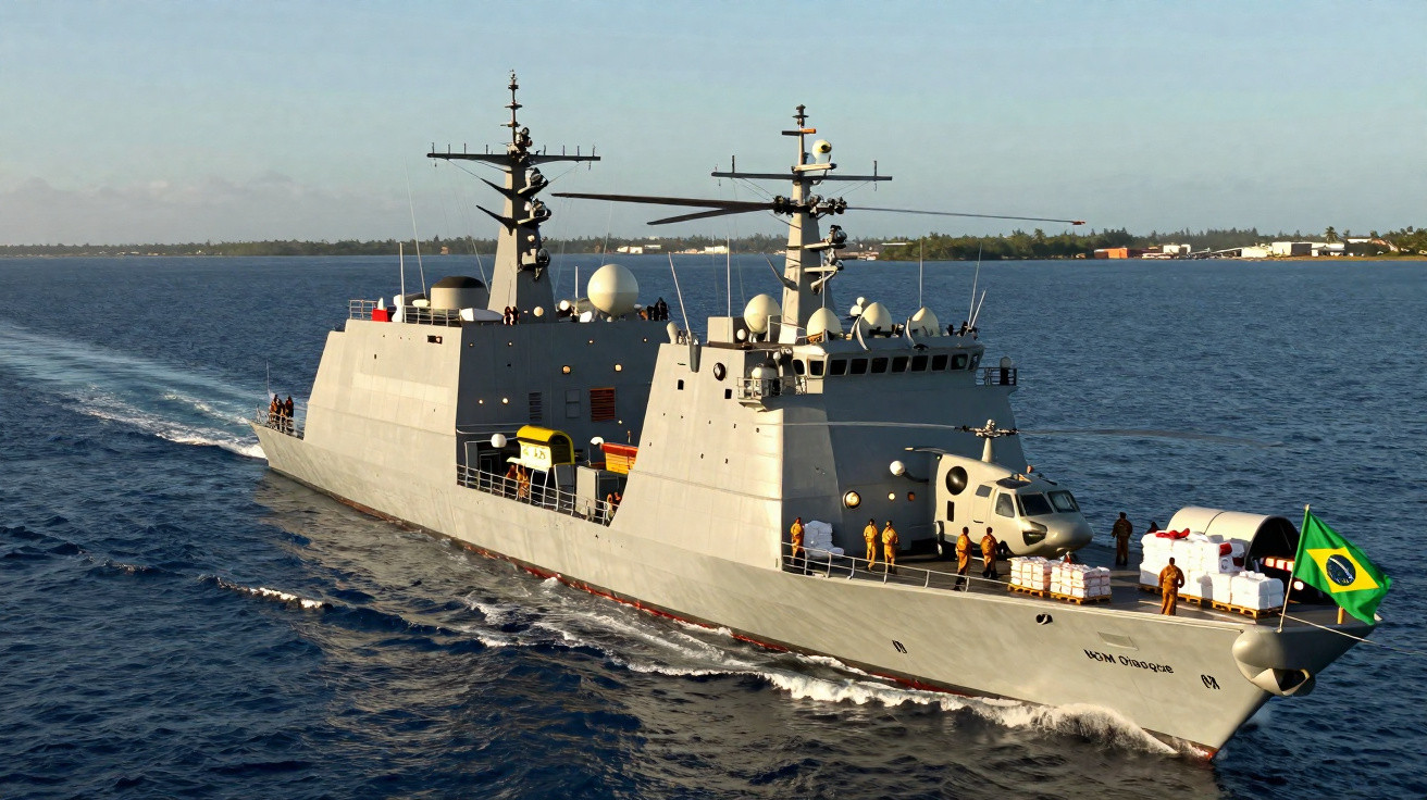 Navio de guerra brasileiro a navegar no mar com tripulação a bordo e helicóptero no convés.