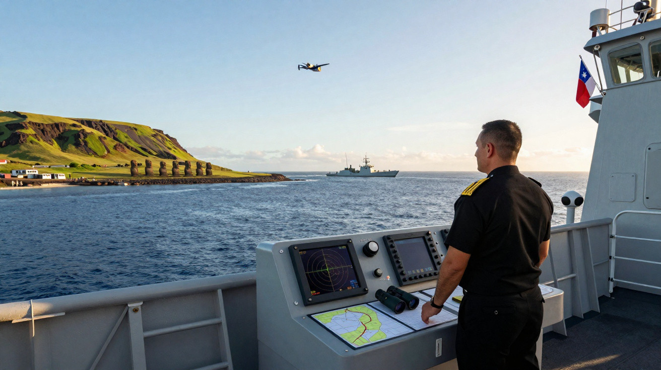 Marinheiro vigia radar numa embarcação perto de ilhéu com estátuas moái e avião sobrevoando o mar.